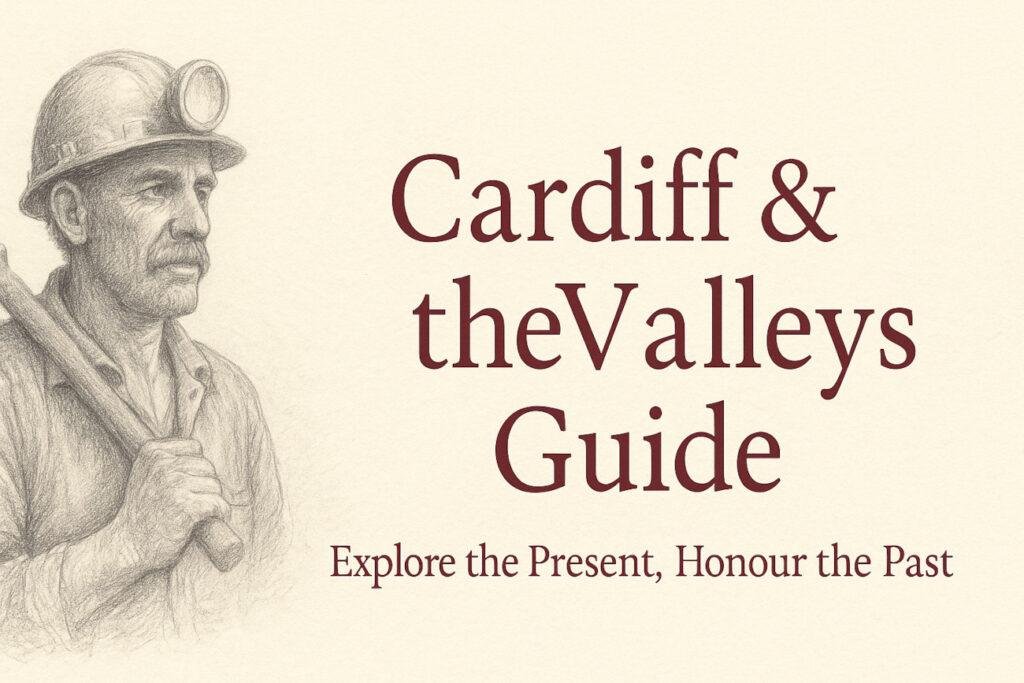 A light pencil drawing of a collier next to the words Cardiff and Valleys Guide