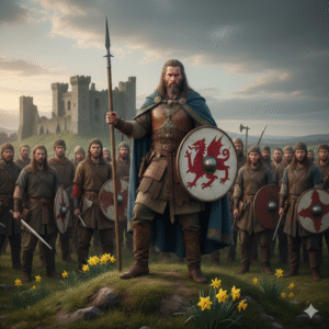 Medieval Welsh warriors with shields and spears. Celtic vs. Romans